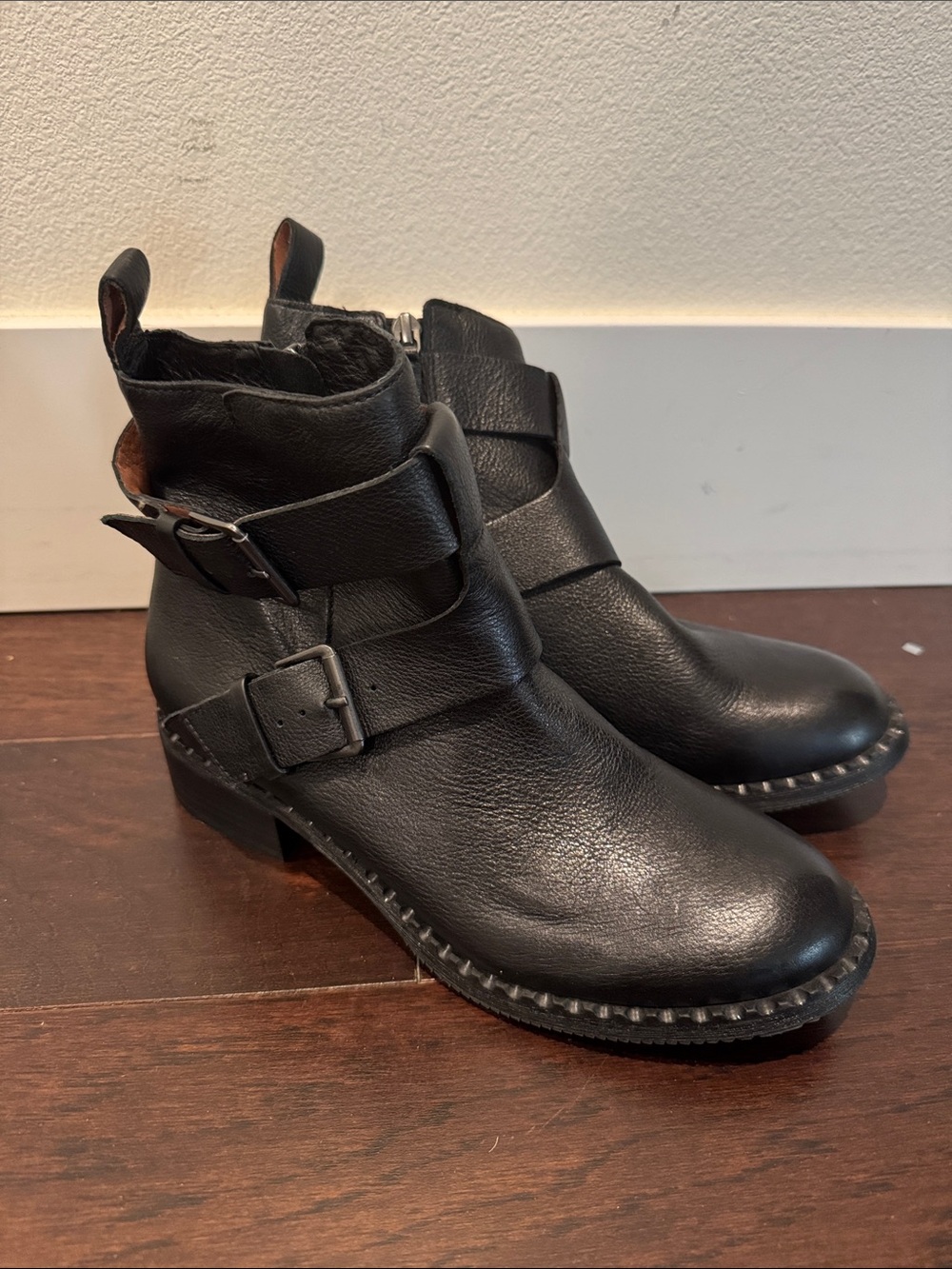 gentle souls Black Leather Buckle Strap Ankle Booties